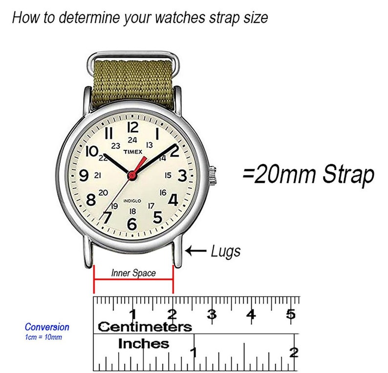 May include: A diagram showing how to determine the size of a watch strap. The diagram shows a watch with a 20mm strap, with the measurement marked on a ruler. The text "=20mm Strap" is visible in the image.