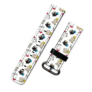 May include: White leather watch band with a repeating pattern of cartoon bears wearing helmets and riding skateboards. The band is shown in two pieces, one with the buckle and one without.