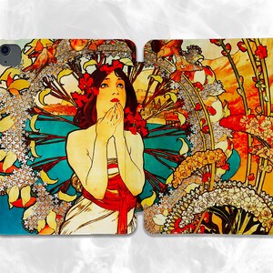May include: A vintage-style illustration of a woman with long dark hair, wearing a white dress with a red sash, surrounded by colorful flowers and birds. The background features a cityscape and a sunset.