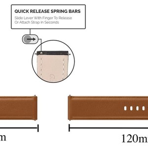 May include: A brown leather watch band with a quick release spring bar mechanism. The band is 70mm wide and 120mm long. The text "QUICK RELEASE SPRING BARS" is visible on the image.  Slide lever with finger to release or attach strap in seconds.