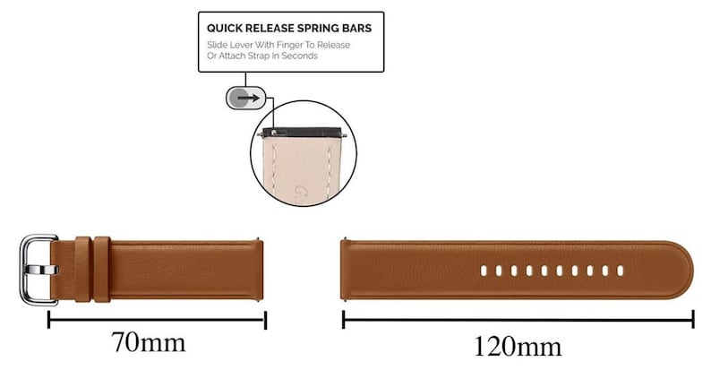 May include: A brown leather watch band with a quick release spring bar mechanism. The band is 70mm wide and 120mm long. The text "QUICK RELEASE SPRING BARS" is visible on the image.  Slide lever with finger to release or attach strap in seconds.