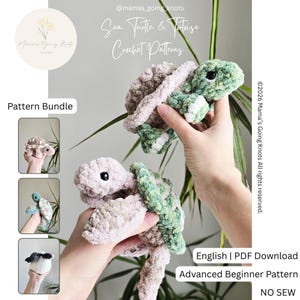 May include: Crocheted sea turtle and tortoise patterns in soft, textured yarn. The image features two finished plush toys in shades of green, pink, and brown. The text reads "Sea Turtle & Tortoise Crochet Patterns" and "Advanced Beginner Pattern".