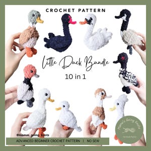 May include: A collection of ten crocheted duck plushies in various colors and patterns, including white, black, brown, and gray. The image features the text "Little Duck Bundle" and "Crochet Pattern".