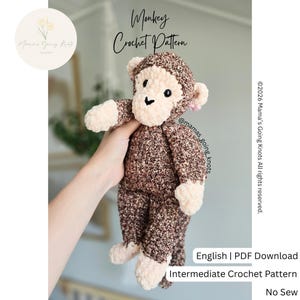 May include: A plush monkey toy made with brown and cream yarn, featuring a textured body, round ears, and black safety eyes. The image includes text reading Monkey Crochet Pattern, @mamas_going_knots, and 2026 Mama's Going Knots All rights reserved.