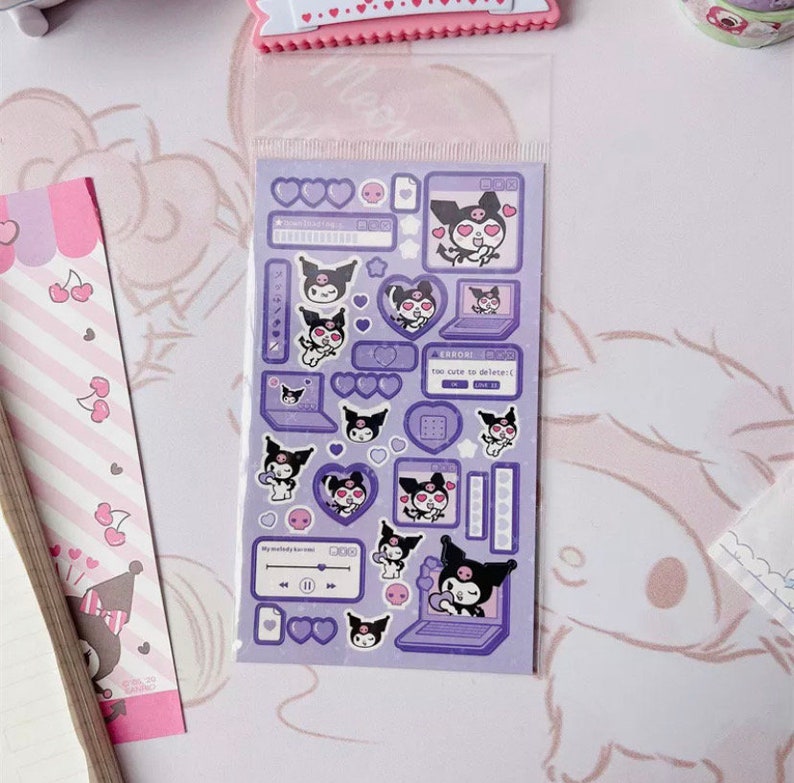 May include: A sheet of purple and white stickers featuring a cartoon character with black hair and a pink bow. The stickers include hearts, stars, and the text "Too cute to delete!"