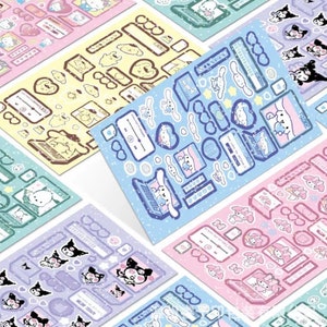May include: A set of five sheets of colorful stickers featuring cartoon characters. The stickers are on a white background and include various designs, such as hearts, stars, clouds, and laptops. The characters are all wearing different outfits and have different expressions.