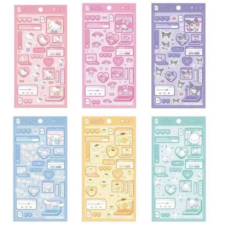 May include: Six sheets of colorful stickers featuring different cartoon characters. Each sheet has a pink, purple, blue, yellow, or green background with white outlines. The characters include a pink cat with a bow, a black cat with a bow, a white dog with a bow, and a yellow dog with a bow. The stickers are perfect for decorating journals, laptops, and other items.