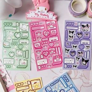 May include: A set of four sheets of stickers featuring cartoon characters. The stickers are in various colors, including pink, green, purple, and blue. The stickers feature a variety of designs, including hearts, stars, and computer screens. The stickers are perfect for adding a touch of whimsy to your planner, laptop, or phone.
