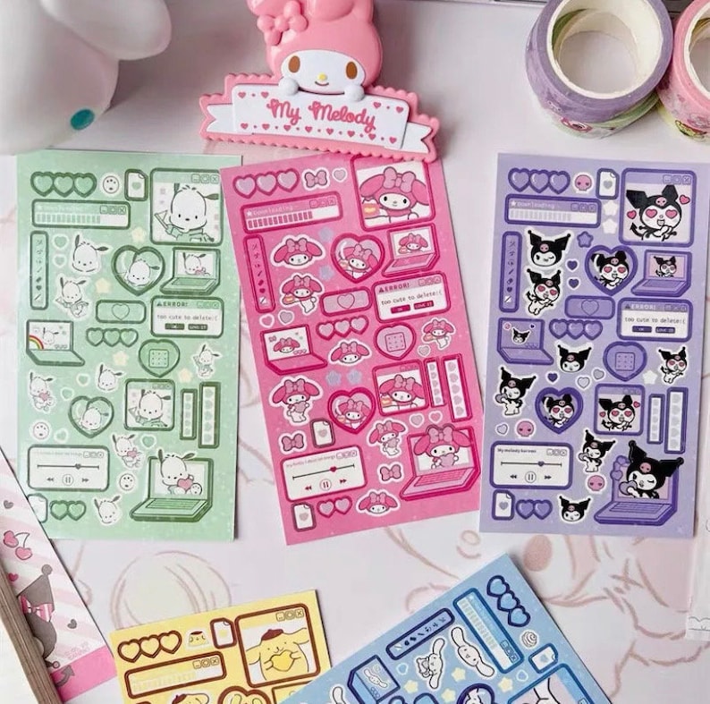 May include: A set of four sheets of stickers featuring cartoon characters. The stickers are in various colors, including pink, green, purple, and blue. The stickers feature a variety of designs, including hearts, stars, and computer screens. The stickers are perfect for adding a touch of whimsy to your planner, laptop, or phone.