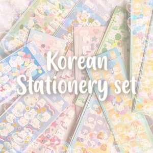 KOREAN STATIONERY SET | cute adorable Korea style grab bag with stickers, memos, sticky notes, pens, washi tapes for deco journal, toploader