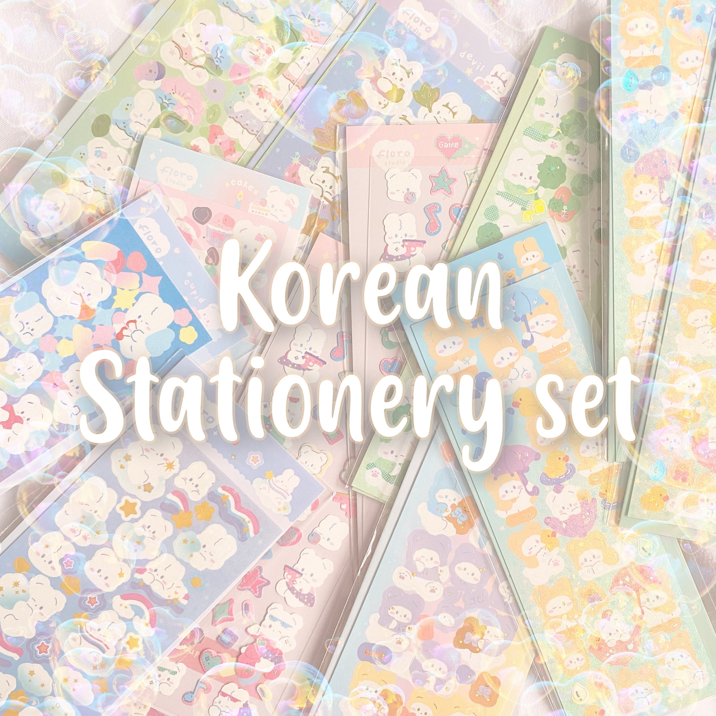 KOREAN STATIONERY SET Cute Adorable Korea Style Grab Bag With Stickers,  Memos, Sticky Notes, Pens, Washi Tapes for Deco Journal, Toploader 