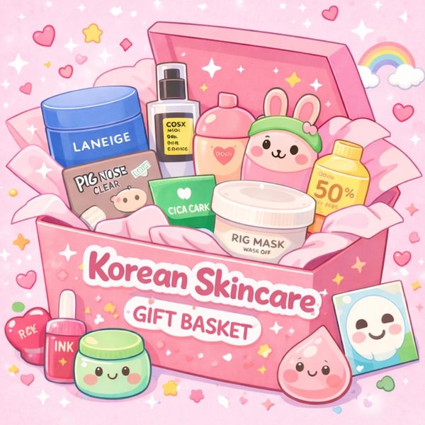 CESTA DE REGALO DE K-BEAUTY / Caja de regalo de belleza coreana para el cuidado de la piel y el maquillaje. Kit de spa y cuidado personal con productos faciales.