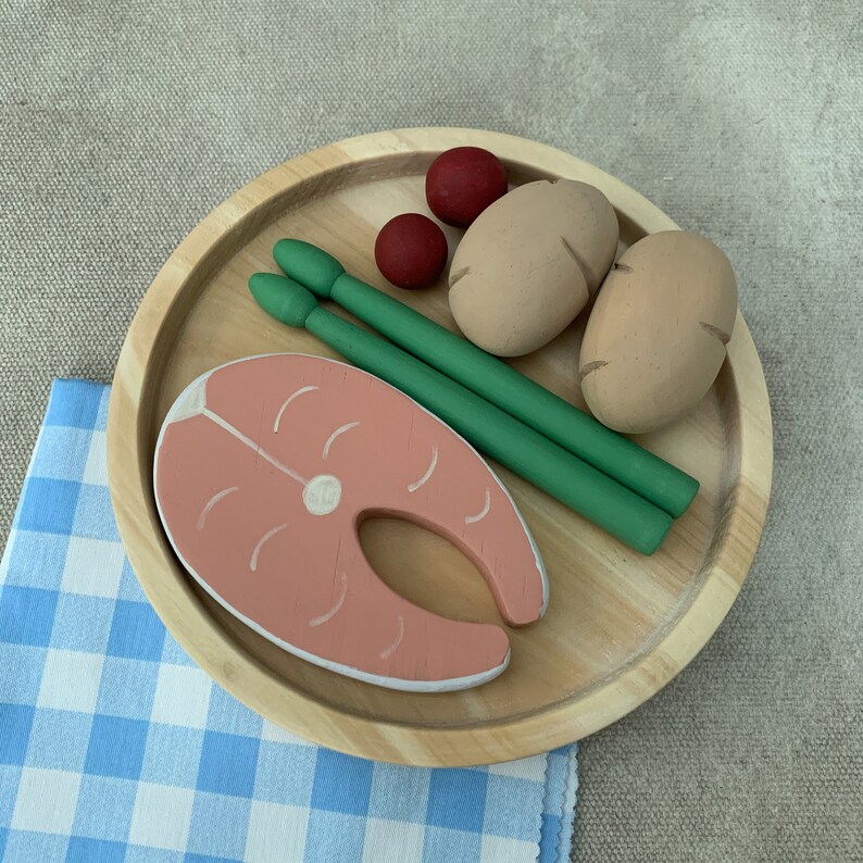 Salmon Vegetables Wooden Play Food. Complete Kitchen Set Handmade