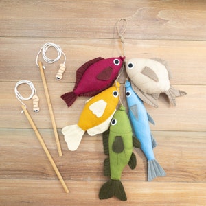 Handmade Fishing Toy Set for Pretend Playtime. Felt and Wooden Fishes with Magnetic Baits. Birthday Gift for Toddlers and Kids Room Decor.