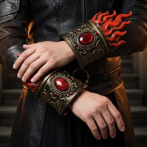 Op de afbeelding: Oud-stijl armmanchetten met een rode edelsteen en rode vlamaccenten. De manchetten zijn goud- en bronskleurig, met ingewikkelde details. Het ontwerp doet denken aan fantasie- of historische bepantsering.