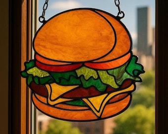 ステンドグラスのバーガーサンキャッチャー：手作りのグルメダイナーの