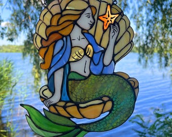 Mermaid suncatcher handmade real Stained glass