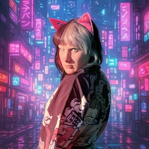 May include: A person wearing pink cat ear headband and a black and white patterned kimono. The background is a neon-lit street scene with Japanese text. The person is looking over their shoulder.