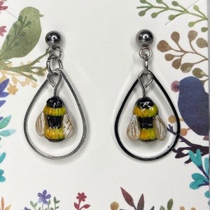 Bumblebee Drop Earrings, Polymer Clay Bee Earrings, Bumble Bee Jewelry, Insect Jewelry, Miniature Bees, Entomology