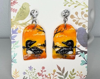 Loon Earrings, Common Loon Drop Earrings, Polymer Clay Bird Earrings, Realistic Bird Earrings, Birdwatcher Gift, Birding Earrings