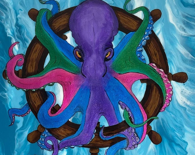 At the Helm, (16x16) colorful octopus painting