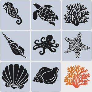 Peut inclure: Collection de neuf illustrations sur le thème marin. Les images incluent un hippocampe, une tortue, du corail, un coquillage, une pieuvre, une étoile de mer et deux autres types de coquillages. Le corail est orange et rouge, les autres images sont noires.