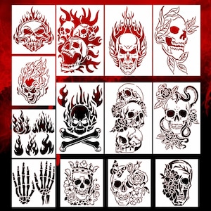 Pode incluir: Uma coleção de designs de estêncil com vários motivos de caveiras, incluindo caveiras com chamas, rosas, coroas e borboletas, ao lado de mãos esqueléticas e padrões de chamas, apresentados em uma grade sobre um fundo branco.