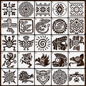 May include: A collection of 25 square stencils featuring various Aztec and Mayan-inspired designs. The stencils are white with intricate, dark brown cut-out patterns, including geometric shapes, animals, and sun symbols. Ideal for art projects.