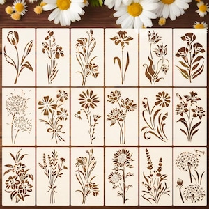 Könnte beinhalten: Eine Sammlung von Holzschablonen mit verschiedenen floralen Designs. Jede Schablone zeigt eine andere Blume, darunter Tulpen, Gänseblümchen und Sonnenblumen, in einem detaillierten, braunen Ausschnitt vor hellem Hintergrund. Die Schablonen sind in einem Raster angeordnet.