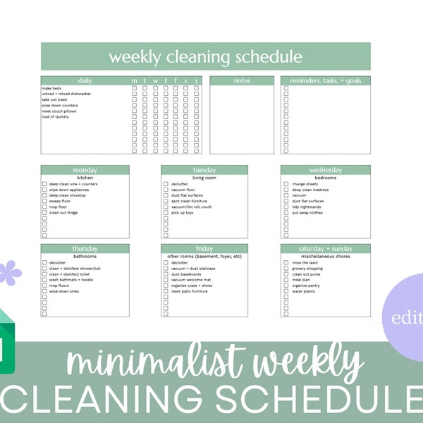 Minimalist Weekly Cleaning Schedule Checklist | Sage Green