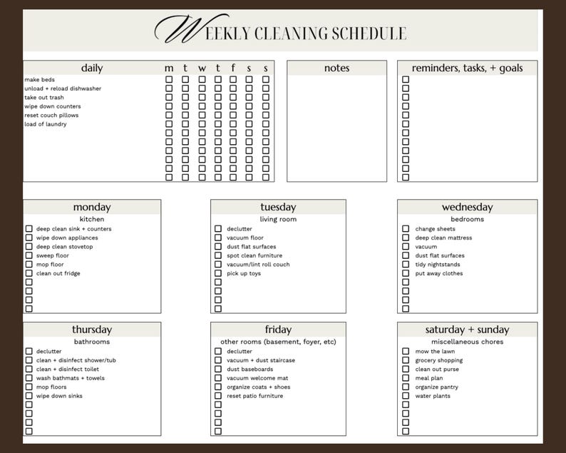 Chic Weekly Cleaning Schedule Checklist for High-achieving Dreamers - Etsy