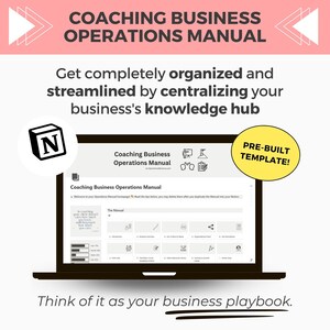 Puede incluir: Una pantalla de computadora portátil que muestra una plantilla de manual de operaciones para negocios de coaching. La plantilla está diseñada para ayudar a los entrenadores a organizar y optimizar sus procesos comerciales. La pantalla muestra una sección titulada "El manual" con una lista de temas, que incluyen "Introducción", "Descripción general del negocio" y "Biblioteca de recursos para clientes". El texto "¡PLANTILLA PRECONSTRUIDA!" se muestra en un círculo amarillo en la esquina superior derecha de la pantalla. La computadora portátil está sobre una superficie blanca.