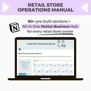 May include: A laptop computer screen displaying a Notion page titled "Retail Store Operations Manual". The page is divided into sections with titles like "The Manual", "Introduction", "Store Directory", "Customer Service & Value", "Organization Chart", "Job Descriptions", "Our Website & Social Media", "Business Systems & Processes", "Store Only Section", "Operations Processes & Policies", and "Emergency Procedures".