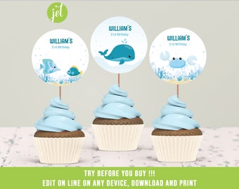 Under The Sea Cupcake Toppers, Ocean Animals Cupcake Toppers, Whale, Editable Template, Instant Download, KP02