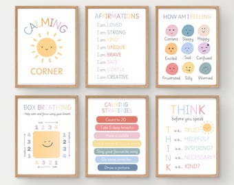 May include: Set of 6 printable posters with calming strategies for kids. The posters feature colorful illustrations and text, including "Calming Corner", "Affirmations", "How Am I Feeling", "Box Breathing", "Calming Strategies", and "Think Before You Speak".