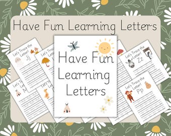 Könnte beinhalten: Ein Satz druckbarer Arbeitsblätter zum Üben des Schreibens von Buchstaben. Jedes Arbeitsblatt zeigt einen anderen Buchstaben des Alphabets und eine niedliche Illustration. Der Titel des Sets lautet "Have Fun Learning Letters".