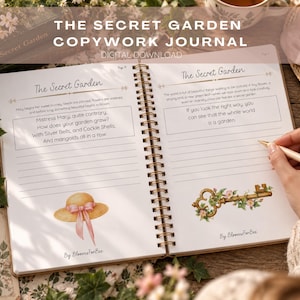 May include: An open spiral-bound copywork journal titled The Secret Garden. The pages feature printed text, lined writing spaces, and watercolor illustrations of a straw hat and a vintage key. The text includes the title and By BloomsForBee.