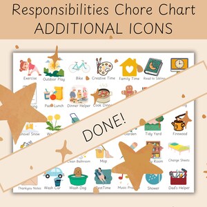 Könnte beinhalten: Eine Aufgabenübersicht mit verschiedenen illustrierten Symbolen, die Aktivitäten wie Bewegung, Radfahren und Familienzeit darstellen. Die Übersicht enthält den Text "Responsibilities Chore Chart ADDITIONAL ICONS" und ein Banner mit "DONE!"