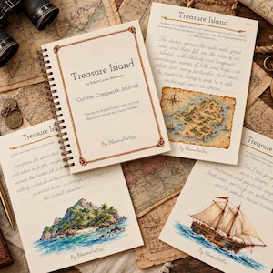 May include: A spiral-bound Treasure Island cursive copywork journal with a cream cover featuring rope-style borders. Accompanying pages display handwritten text, a colorful map illustration, and a sailing ship graphic, all set against a vintage map background.