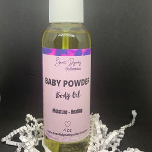 Baby powder body oil, baby powder scent, body oil, body care, body essentials, natural body oil, scented body oil