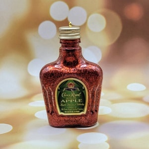 Apple Whisky Bottle Ornament – Upcycled 50ml Liquor Christmas Decor, Glittered Bar Cart Gift, Eco-Friendly Stocking Stuffer