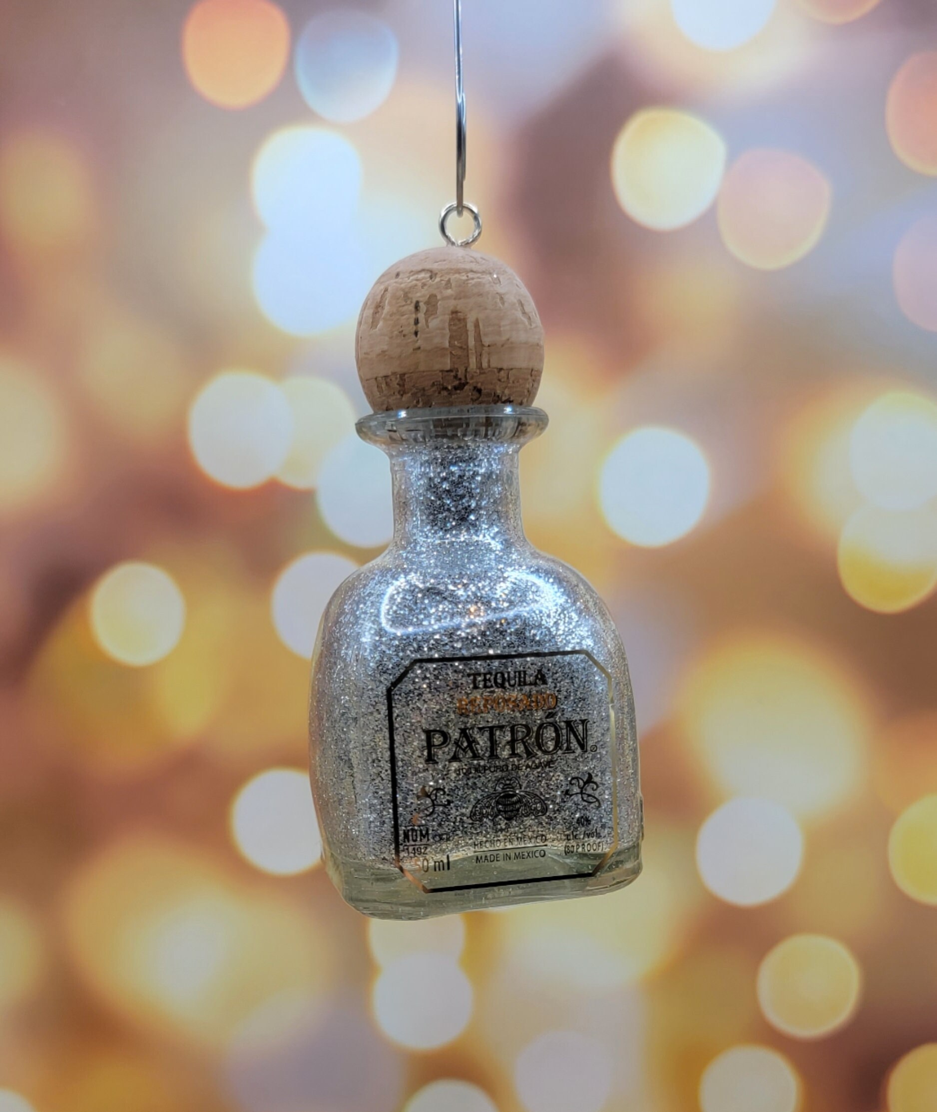 Upcycled Mini Tequila Bottle Ornament, Christmas Tree Ornament, Glass Liquor Bottle Ornament