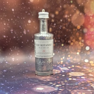 Upcycled Mini Gin Bottle Ornament – Clear Glass Liquor Christmas Decor – Silver Glitter Holiday Gift – Funny Stocking Stuffer Idea