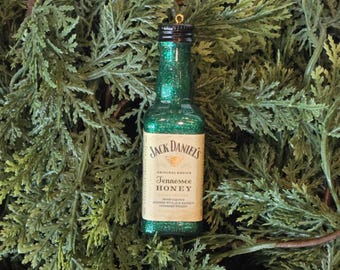 Upcycled Tennessee Honey Ornament: Green Glitter Whiskey Bottle Christmas Decor