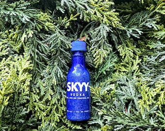 Handmade Mini Vodka Bottle Ornament, Upcycled Blue Liquor Bottle, Glitter Christmas Tree Decor, Unique Cocktail Gift