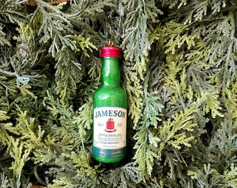 Irish Whiskey Christmas Ornament, Upcycled Liquor Bottle Bar Decor, Whiskey Lover Gift, Holiday Gift for Him, Green Glass Ornament