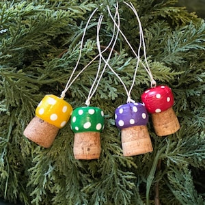 Upcycled Champagne Cork Mushroom Ornament: Hand-Painted Wine Decor