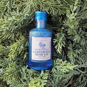 Upcycled Mini Gin Bottle Ornament – Blue Glass Liquor Christmas Decor – Silver Glitter Bar Cart Gift – Gin Lover Stocking Stuffer