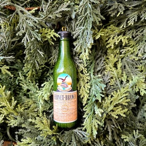May include: A green, glittery bottle with a black cap and a label featuring a bird emblem. The label reads "Fernet-Branca" and includes additional text. The bottle is set against a backdrop of green foliage.