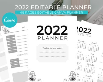 May include: A black and white printable planner with the text "2022 Planner" and a floral design. The planner includes a calendar for each month of the year and a section for personal information.